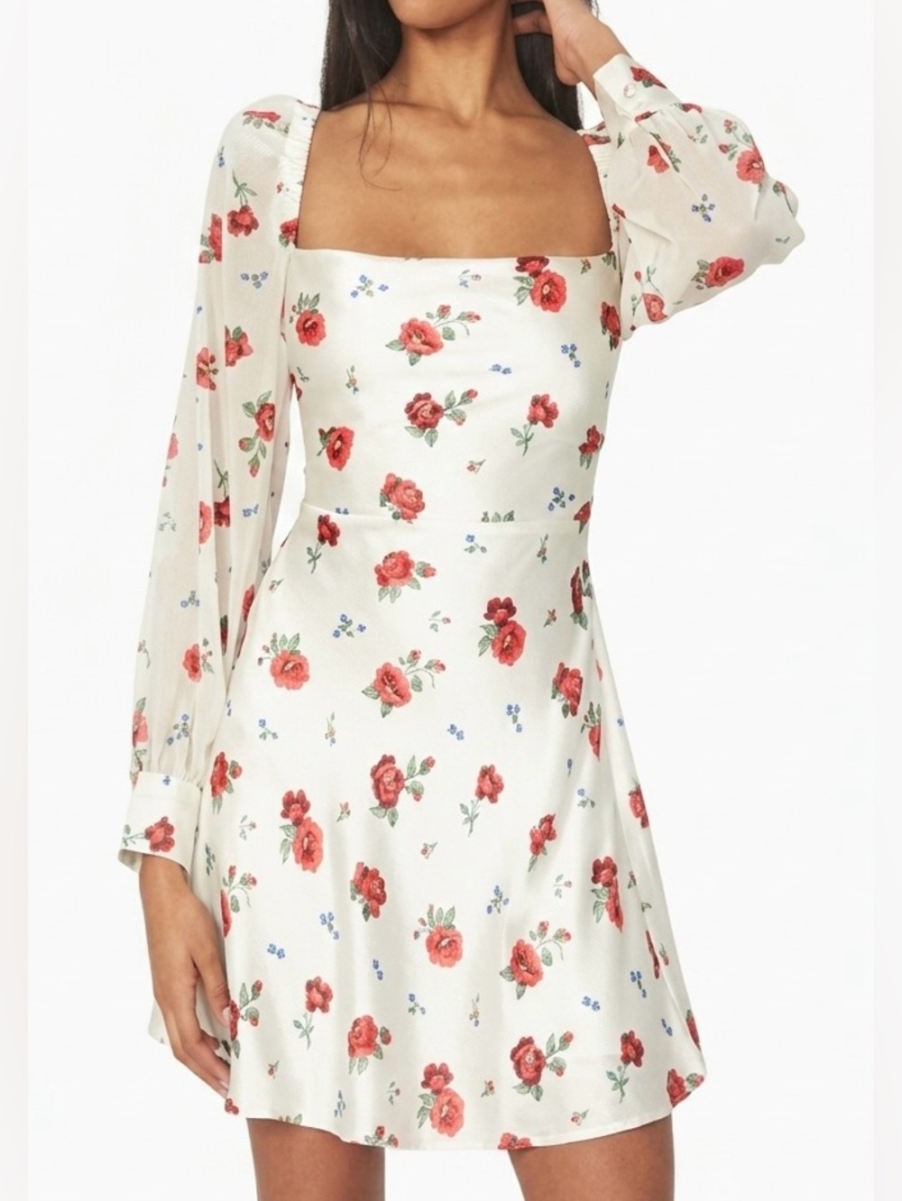 WeWoreWhat Cream Mini Dress w/ Red Floral Print, Sheer Chiffon Sleeves - capsule